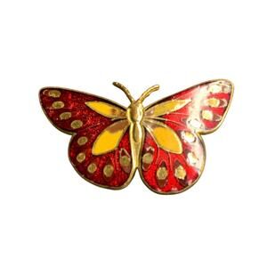 Vintage Metropolitan Museum of Art (MMA) Signed Red Enamel Gold Butterfly Brooch